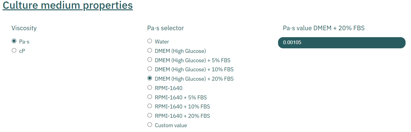 Section of shear stress calculator where culture medium properties is selected
